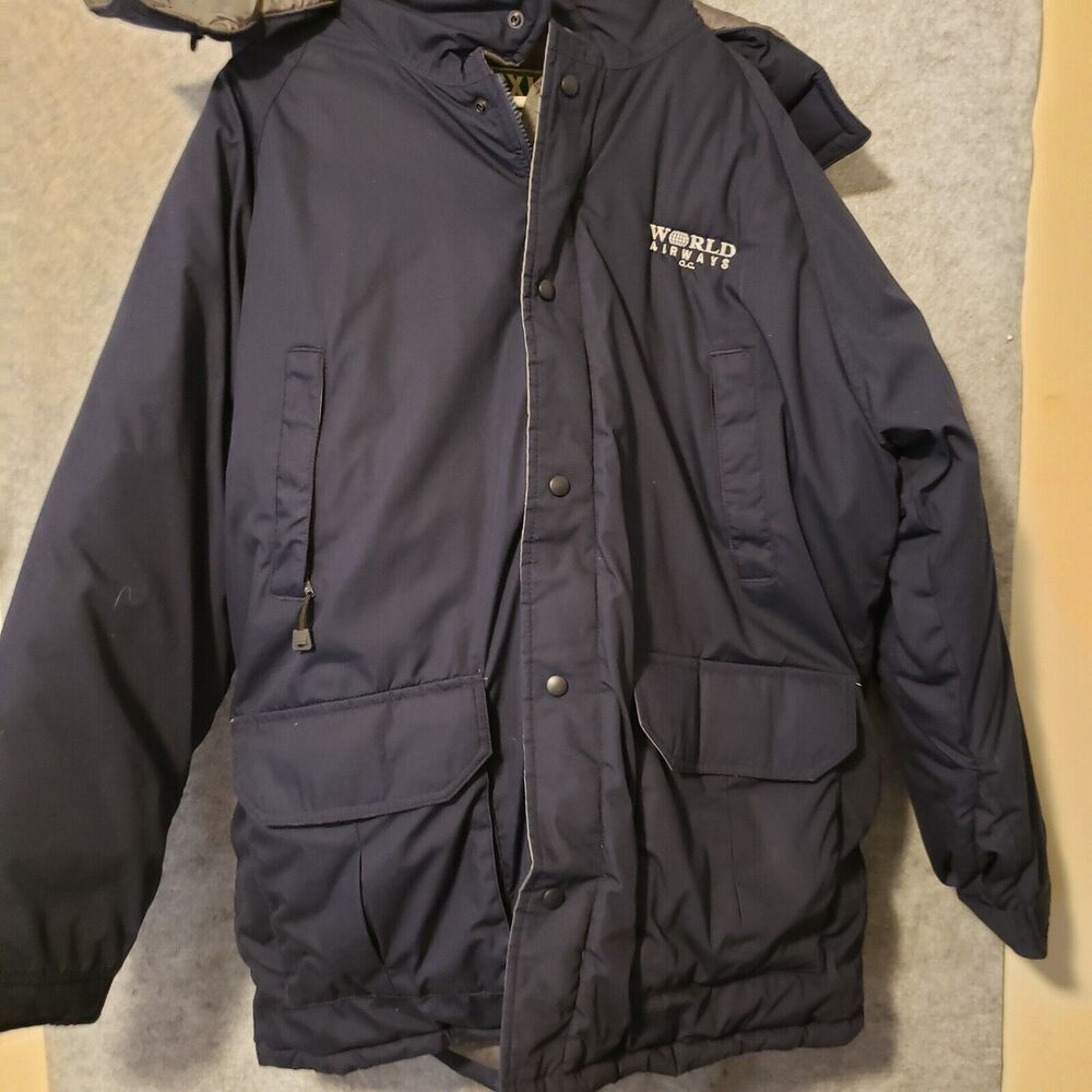 Vtg World Airways Puffer Jacket Coat XL Blue Insulated Sleet Resistant Det. Hood
